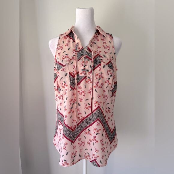 Candie’s Light Pink Floral Print Tie-Up Collared Sleeveless Blouse - Picture 1 of 7
